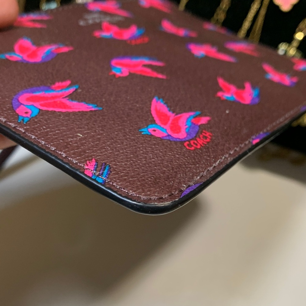 Coach Dark Brown Wristlet with Pink Bird Design - Picture 4 of 5